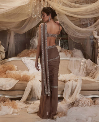 Antares ash brown drape sari and jacket set