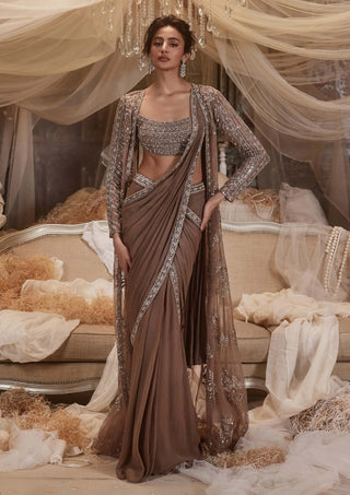 Antares Ash Brown Drape Sari And Jacket Set by Roqa, available on Indiaspopup.com