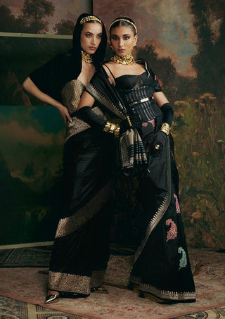 Ekaya-Black Handwoven Silk Sari And Unstitched Blouse-INDIASPOPUP.COM
