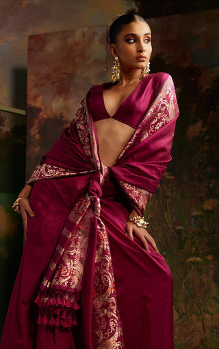 Ekaya-Garnet Silk Sari And Unstitched Blouse-INDIASPOPUP.COM