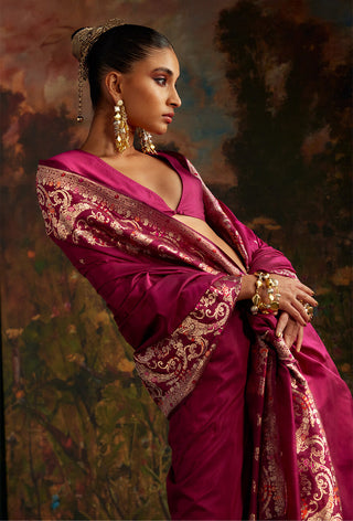 Ekaya-Garnet Silk Sari And Unstitched Blouse-INDIASPOPUP.COM