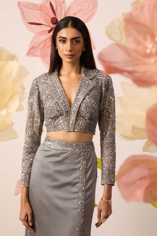 Roqa-Aster Gray Straight Skirt With Blouse-INDIASPOPUP.COM
