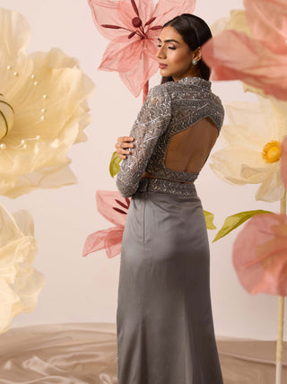 Roqa-Aster Gray Straight Skirt With Blouse-INDIASPOPUP.COM