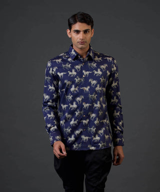 Balance By Rohit Bal Men-Indigo Horse Printed Shirt-INDIASPOPUP.COM