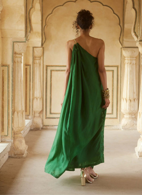 Emerald green one shoulder dress