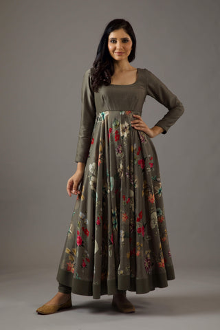 Balance By Rohit Bal-Pewter Printed Anarkali Set-INDIASPOPUP.COM