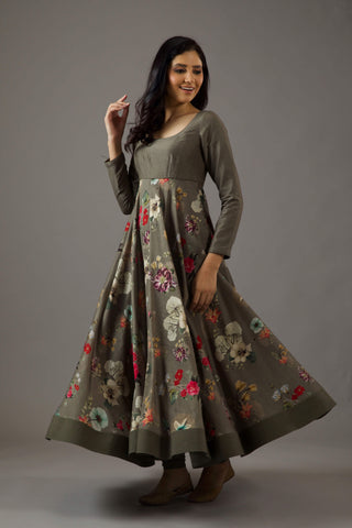 Balance By Rohit Bal-Pewter Printed Anarkali Set-INDIASPOPUP.COM