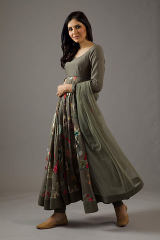 Balance By Rohit Bal-Pewter Printed Anarkali Set-INDIASPOPUP.COM