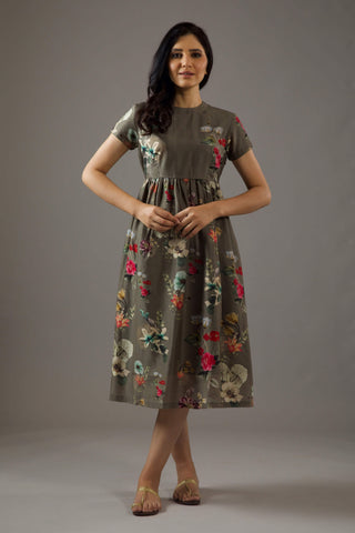 Balance By Rohit Bal-Pewter Floral Printed Dress-INDIASPOPUP.COM