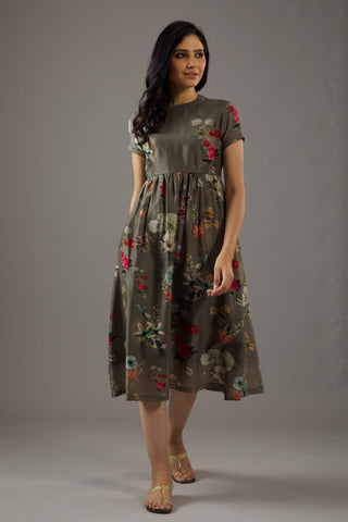 Balance By Rohit Bal-Pewter Floral Printed Dress-INDIASPOPUP.COM