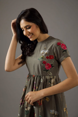 Balance By Rohit Bal-Pewter Floral Printed Dress-INDIASPOPUP.COM