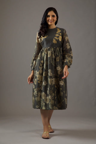 Balance By Rohit Bal-Pewter Printed Fitted Dress-INDIASPOPUP.COM