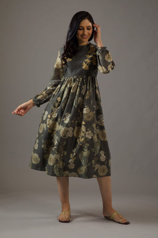 Balance By Rohit Bal-Pewter Printed Fitted Dress-INDIASPOPUP.COM