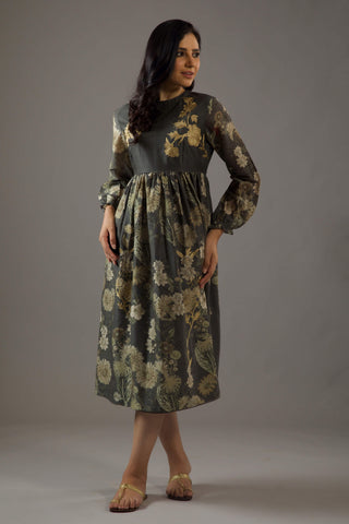 Balance By Rohit Bal-Pewter Printed Fitted Dress-INDIASPOPUP.COM