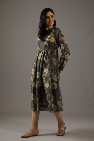 Balance By Rohit Bal-Pewter Printed Fitted Dress-INDIASPOPUP.COM