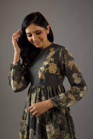 Balance By Rohit Bal-Pewter Printed Fitted Dress-INDIASPOPUP.COM