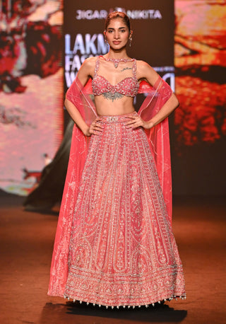 Coral shimmer lehenga set