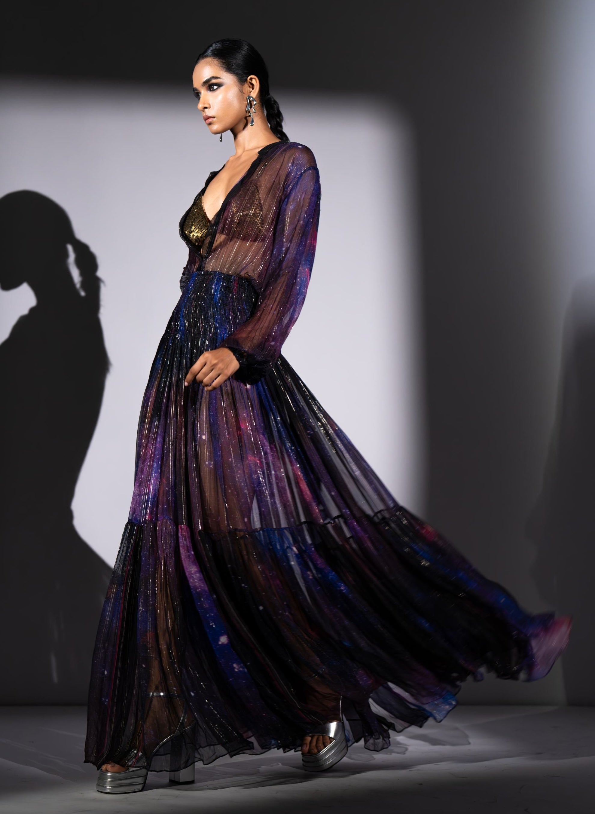 galaxy formal dress Purple galaxy print lurex chiffon dress S