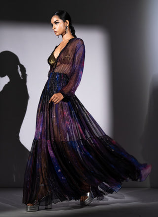 Purple galaxy print lurex chiffon dress