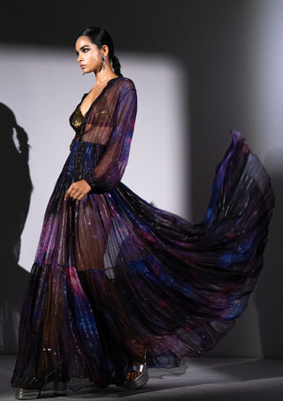 Purple galaxy print lurex chiffon dress