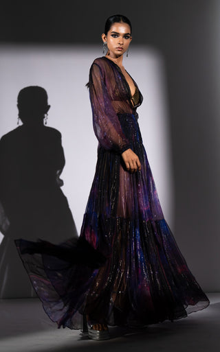 Purple galaxy print lurex chiffon dress