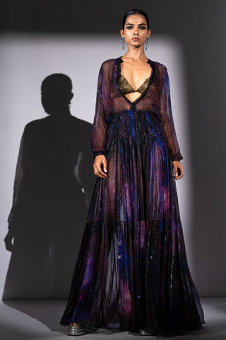 Purple galaxy print lurex chiffon dress
