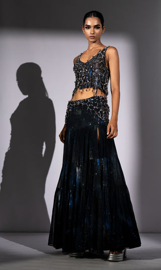 Blue galaxy printed top and skirt