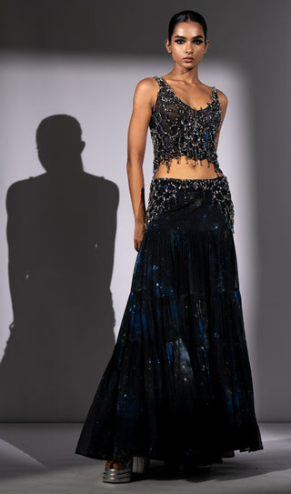 Blue galaxy printed top and skirt