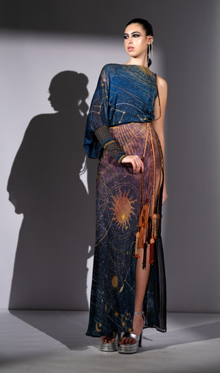 Blue galaxy placement print one shoulder dress