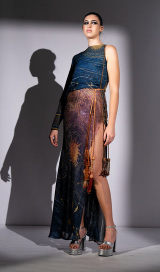 Blue galaxy placement print one shoulder dress