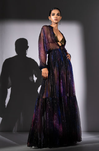 Purple galaxy print lurex chiffon dress