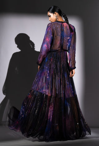 Purple galaxy print lurex chiffon dress