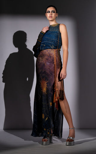 Blue galaxy placement print one shoulder dress