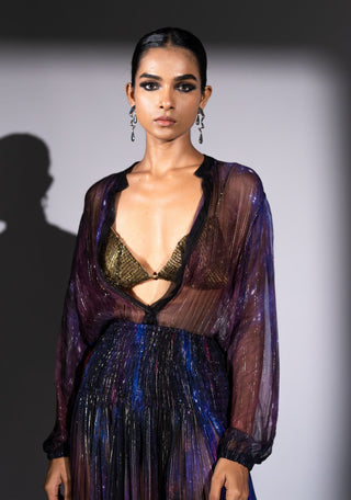 Purple galaxy print lurex chiffon dress