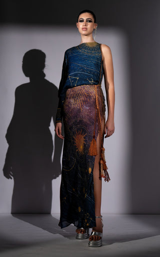 Blue galaxy placement print one shoulder dress