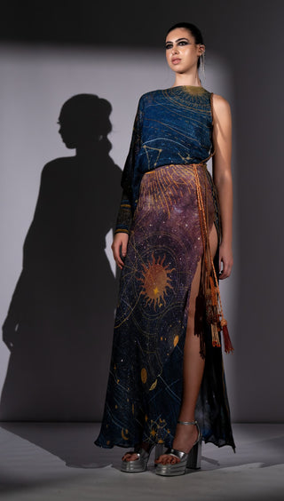 Blue galaxy placement print one shoulder dress