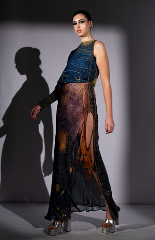 Blue galaxy placement print one shoulder dress