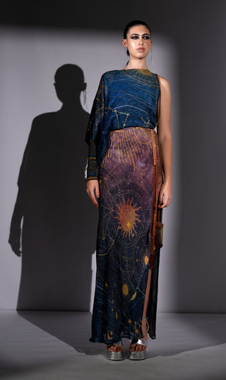 Blue galaxy placement print one shoulder dress