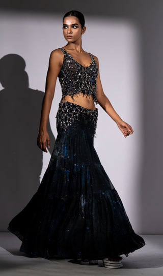 Blue galaxy printed top and skirt