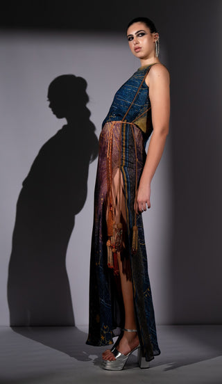 Blue galaxy placement print one shoulder dress