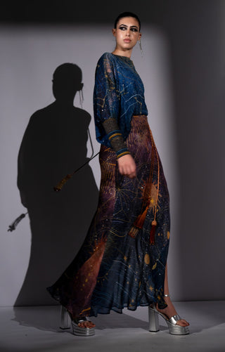 Blue galaxy placement print one shoulder dress