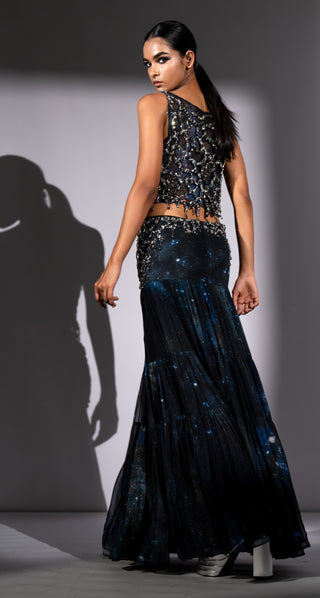 Blue galaxy printed top and skirt