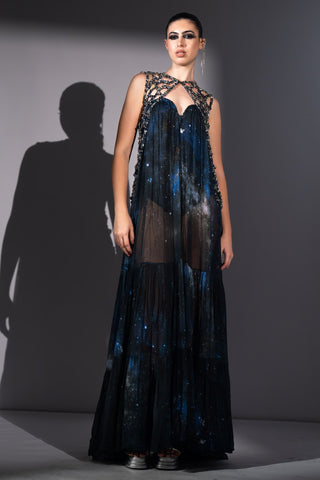 Blue galaxy printed tube dress with gilet