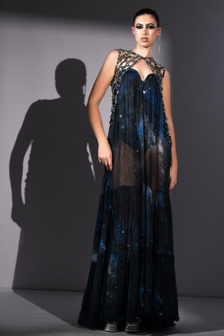 Blue galaxy printed tube dress with gilet