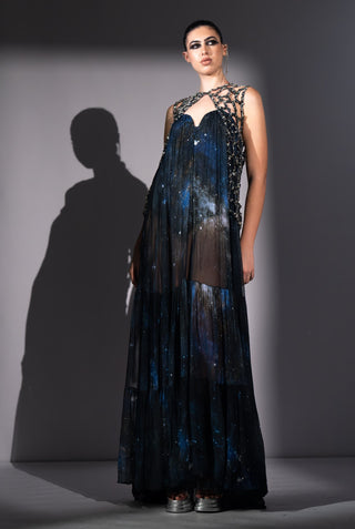 Blue galaxy printed tube dress with gilet