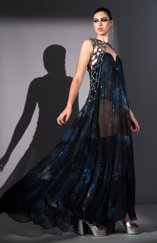 Blue galaxy printed tube dress with gilet