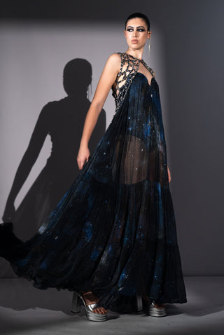Blue galaxy printed tube dress with gilet