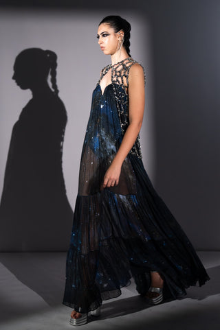 Blue galaxy printed tube dress with gilet