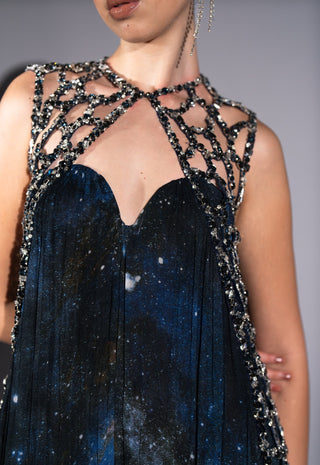 Blue galaxy printed tube dress with gilet