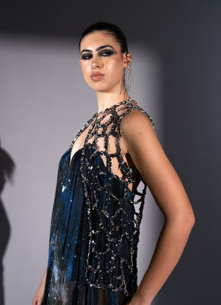 Blue galaxy printed tube dress with gilet